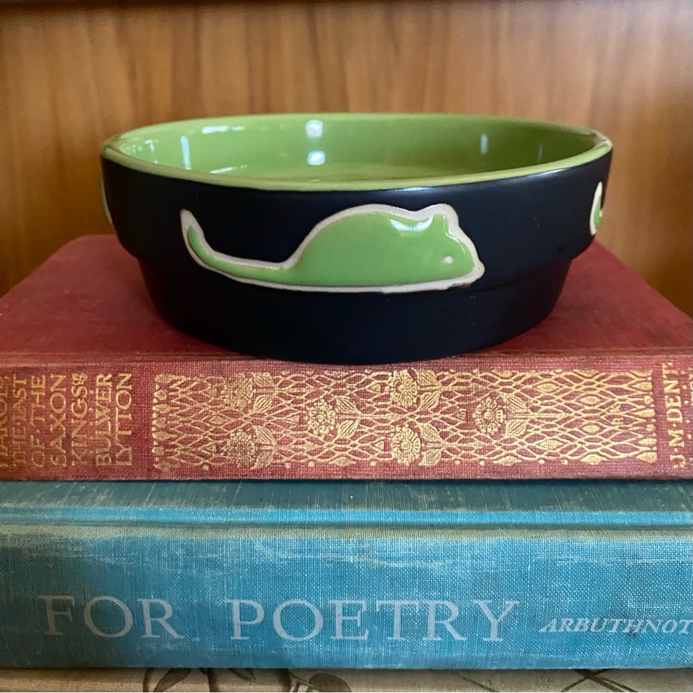 Cat & Mouse Ceramic Bowl Cat Food Dish Matte Black Glossy Green Kitten